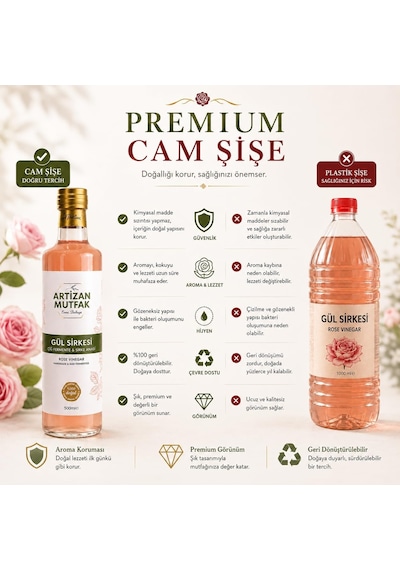 Artizan Mutfak Gül Sirkesi 500 Ml Rosa Damascena Gülü Organik Bal İle Doğal Fermantasyon Meşe Fıçıda Olgun