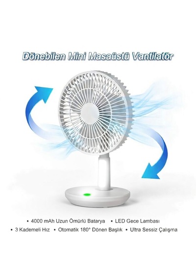 Otomatik Dönebilen Masa Üstü Lamba Özellikli Usb Şarjlı Mini Fan 4000 Mah Vantilatör