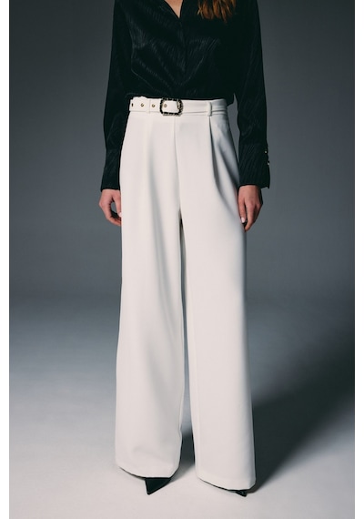 Sateen Kemerli Bol Pantolon - Ekru-136822 Ekru