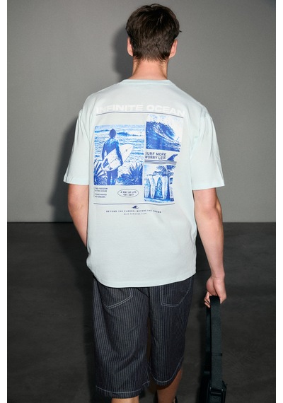 Grımelange Exotıc Erkek %100 Organik Pamuklu Baskı Detaylı Rahat Kalıp Mavi T-shirt