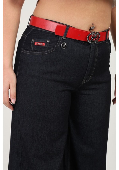Büyük Beden Bol Paça Kemerli Cepli Likralı Denim Kadın Pantolon Mavi