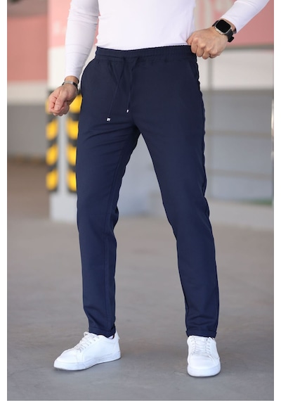 Bürke Erkek Lacivert Beli Lastikli Bağcıklı Esnek Fitted Jogger Pantolon Kumaş Pantolon