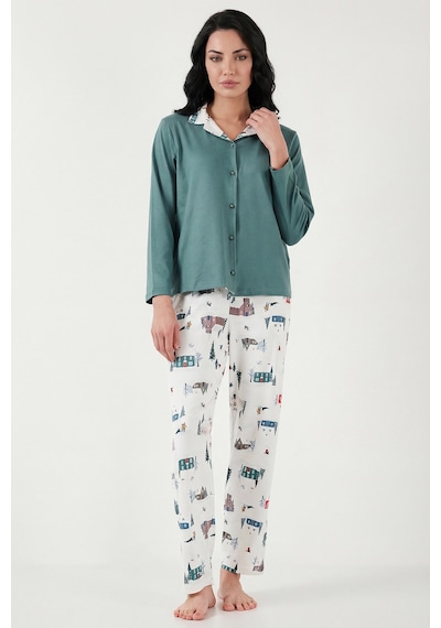 Lela Desenli Regular Fit Apaş Yaka Beli Lastikli Bol Paça Bayan Pijama Takımı 65714300 Yeşil