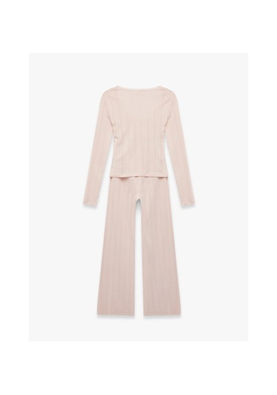 Koton Pamuklu U Yaka Fiyonk Detaylı Uzun Kollu Pijama Takımı Pembe 7wlk40212mk Gül