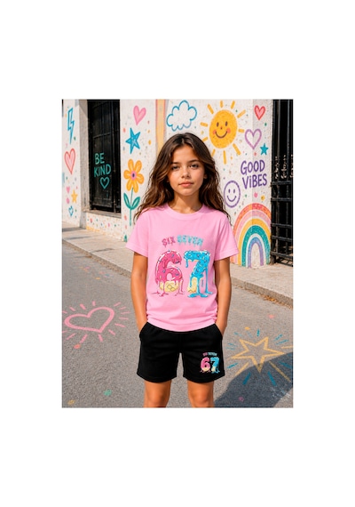 Stil-x Sıx Seven Baskılı Kız Çocuk Şort Takım, Nefes Alan Soft Kumaş Pembe-3