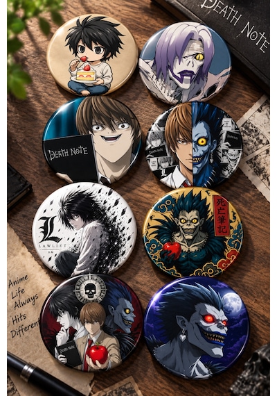 Death Note 58mm 8'li Rozet Seti Anime Light Yagami L Ryuk Çanta Mont Ceket Rozeti Çok Renkli