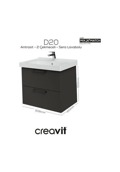 Creavit D20 65 Cm İki Çelmeceli Lavabo Dolabı Antrasit Melamin Antrasit Creavit D20 65 Cm İki Çelmeceli Lavabo Dolabı Antrasit Melamin Antrasit