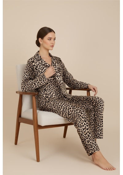 Luxury Viscose Leopar Desenli Kadın Uzun Kollu Pijama Takımı 42577 LEOPAR