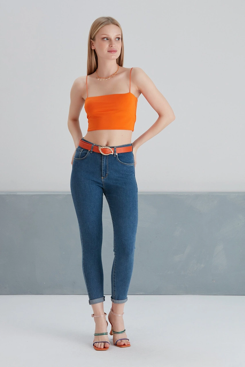 Mamayaga Kadın Askılı Şık Croptop Bluz Turuncu