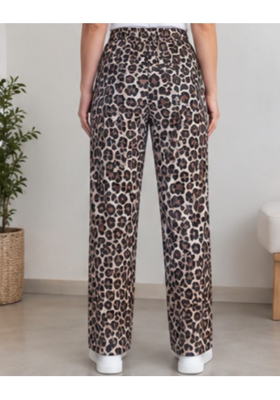 Cocosushicooo Leopar Desenli Beli Lastikli Rahat Kalıp Kadın Pantolon Büyük Beden