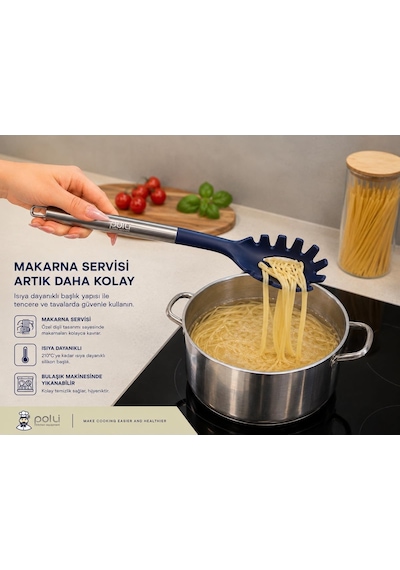 Silikon Makarna Servis Kaşığı, Paslanmaz Çelik Saplı, Lacivert, 34 Cm