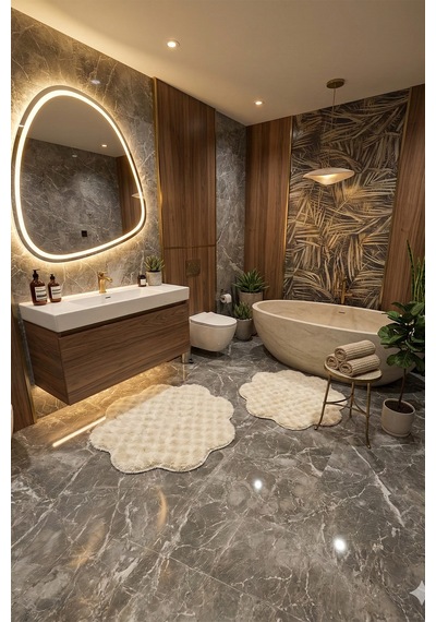Bubble Papatya Banyo Paspası 2'li Set Pofuduk Yumuşak Peluş Kaymaz Taban Dekoratif Banyo Halısı Krem