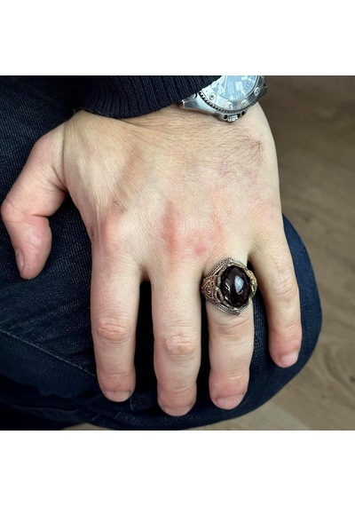 Gerçek Doğal Granat Taşı, 925 Ayar Gümüş Erkek Yüzüğü Gümüş