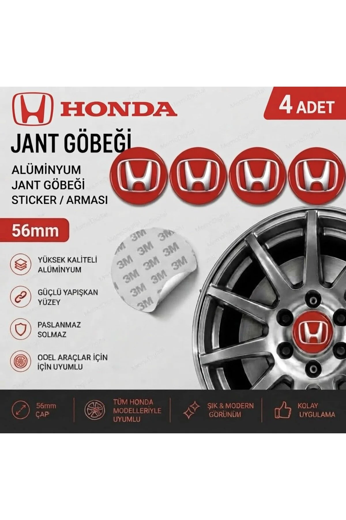 Honda Logolu Alüminyum Jant Göbeği Arması Sticker 56mm - 4 Adet