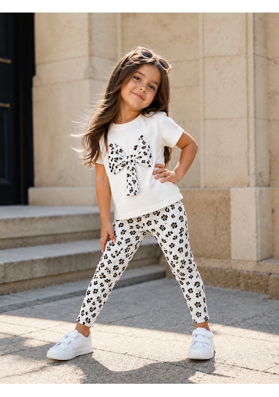 Baby Lory Kids Store Kız Çocuk Leopar Desenli Tayt Takım Beyaz - Leopar