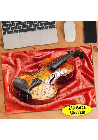 Kırmızı Saten Kumaş Üzerinde Keman 240 Parça Puzzle Yapboz-89217
