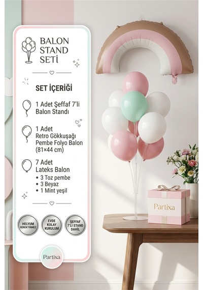 Retro Gökkuşağı Pembe Balon Stand Seti Şeffaf 7 Li Stand + Retro Gökkuşağı Folyo Balon 81 44 Cm + 7 Lateks Balon