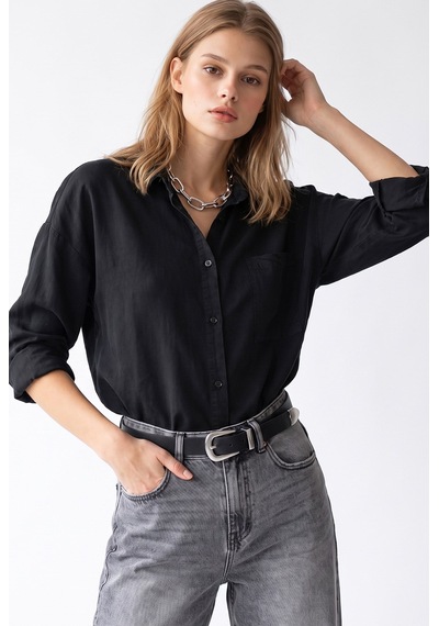 Mixray 4963 Kadın Tencel Kumaş Oversize Cepli Uzun Kollu Gömlek Siyah