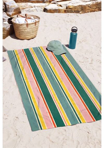 Çizgili Modern Marine Plaj Havlusu - Pastel Yeşil Pembe Sarı Resort Hızlı Kuruyan Mikrofiber Havlu Çok Renkli