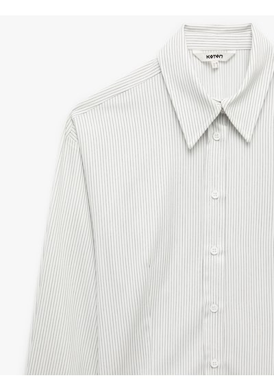 Koton Klasik Yaka Slim Fit Çizgili Uzun Kollu Gömlek Ekru Çizgili 7wak60189pw