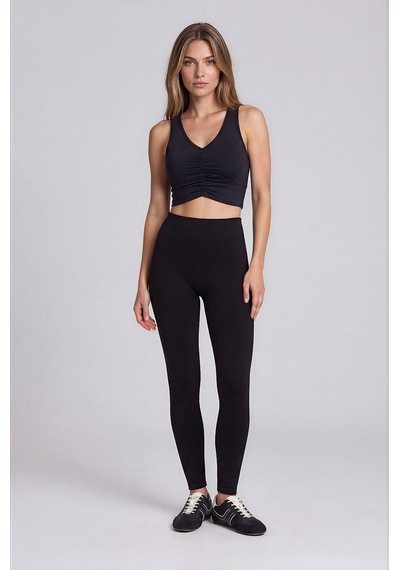 Vitrin Önü Büzgülü Crop Sporcu Atlet Siyah
