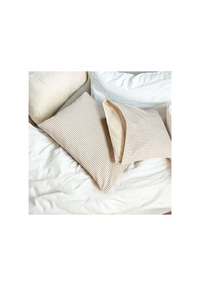 %100 Pamuk İpliği Boyalı Çizgili Tek Kişilik Yastık Kılıfı 2'li Set - 50x70 Cm Naturel Cep Detaylı Kahverengi