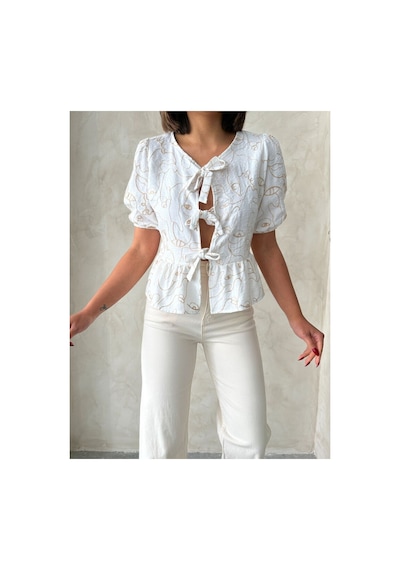 Verymoda Önden Bağlamalı Nakışlı Bluz D2788 Krem