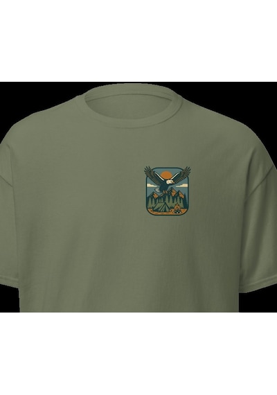 Wildstyle Kartal Renkli Vintage Yaban Hayat Doğa Dağ Rozet Baskılı Unisex Bisiklet Yaka Pamuklu Tişört Haki
