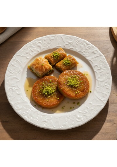 6 Kişilik Kabartma Desen Pera Pasta Tabağı 21cm Krem Rengi