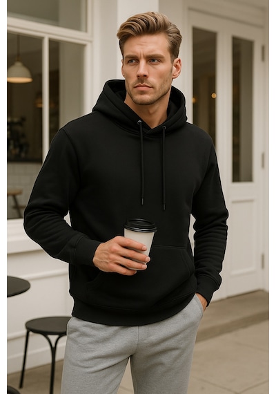 Rich Erkek Siyah Pamuklu Cep Detaylı Kapüşonlu Sweatshirt Siyah