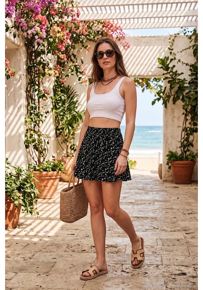 Lela Desenli Beli Lastikli Mini Bayan Şort Etek 5865118 Siyah