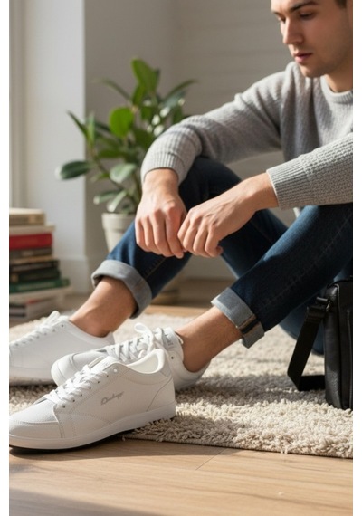 Enoch Erkek El Yazısı Nakış Detaylı Düz Tabanlı Günlük Casual Spor Ayakkabı Sneaker Beyaz