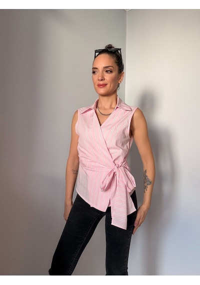 Ali Butik Pembe Çizgili Sıfır Kol Poplin Gömlek Pembe