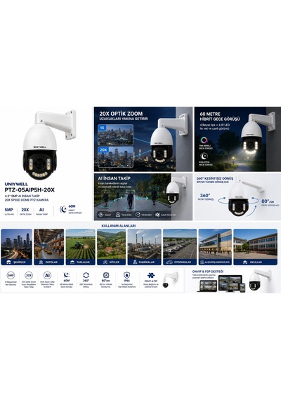 Uniywell 4.5 İnc 5 Mp Aı İnsan Takip 20x Speed Dome Ptz Kamera 60 Mt Hibrit Gece Görüşü