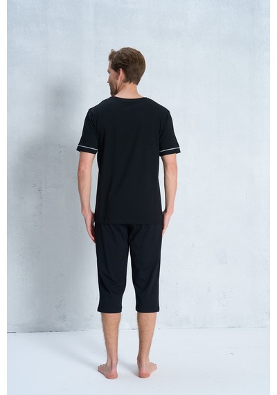 Over Sleep By Poleren Erkek Pijama Takımı Kapri & Bermuda Kısa Kol Siyah