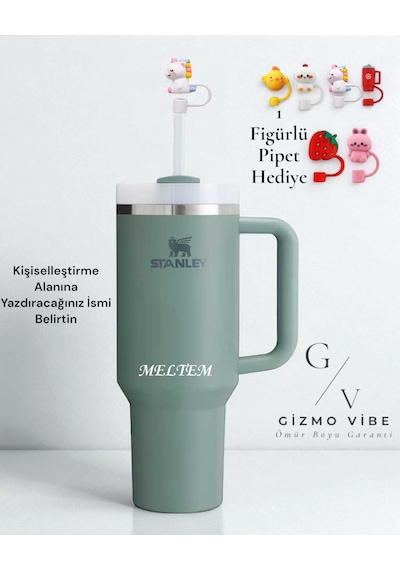 Stanley Kişiselleştirilebilir Quencher Pipetli Paslanmaz Çelik Vakum Yalıtımlı Termos Bardak 1.18 L Özel İsimli Yeşil