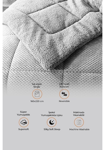 Ultra Yumuşak Tek Kişilik Çift Taraflı Wellsoft Peluş Yorgan Yıkanabilir 160x220 Gri Gri