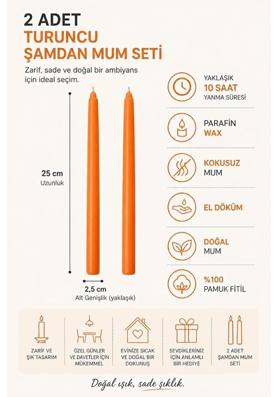 Tr 2'li Şamdan Turuncu Mum Seti 25 Cm Dekoratif İnce Şamdan Mum, Kokusuz Parafin Wax,%100 Pamuk Fitil, El Döküm Diğer