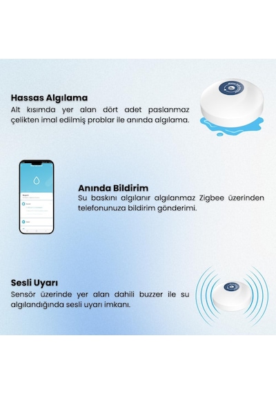 Zigbee Su Baskını Sensörü - Dahili Alarmlı Tuya, Smart Life , Zigbee2mqtt Uyumlu Zsb-01