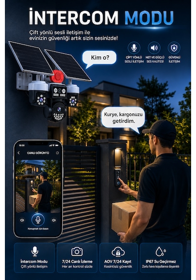 3 Kameralı Wifi 9mp Çift Solar Panelli Sürekli Kayıt Teknolojili Gece Görüşlü Güvenlik Kamerası