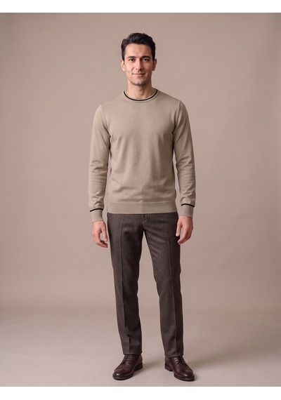 Maccali Erkek Bej Kontrast Şeritli Bisiklet Yaka Triko Sweatshirt