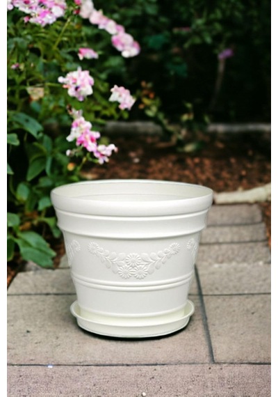 Antik Papatya Desenli Beyaz Saksı 3 Litre Beyaz