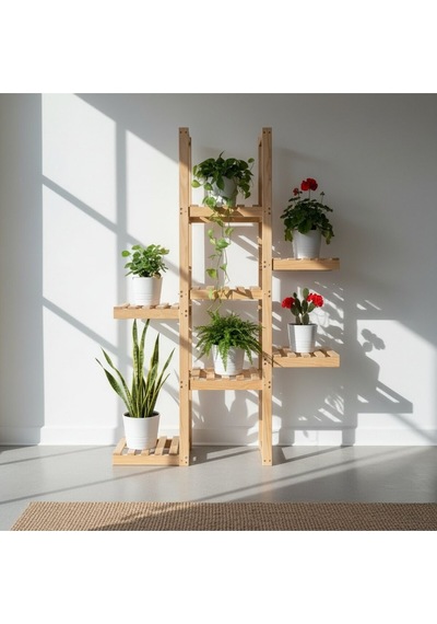 Modern Ahşap Saksılık Çiçeklik - 120 Cm Boyutunda 7 Katlı Merdiven Çiçeklik - Dekoratif Saksı Rafı Bej