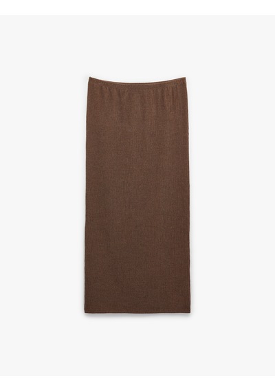 Koton Bürümcük Kumaş Slim Fit Fiyonk Detaylı Midi Etek Kahverengi 6sak10209ek
