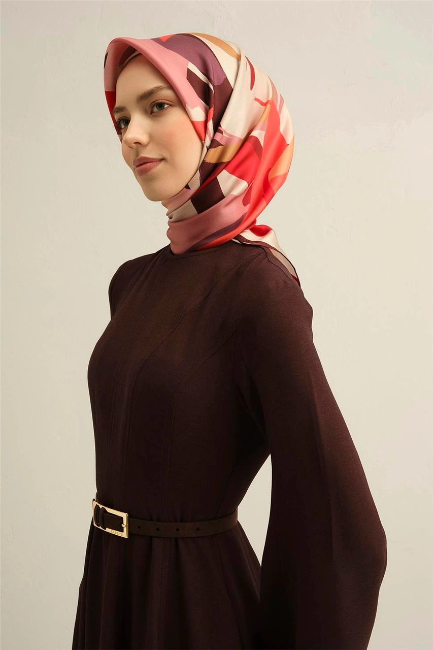 Armine Soyut Desenli Saf İpek Sura Eşarp 9328d 83 Pembe