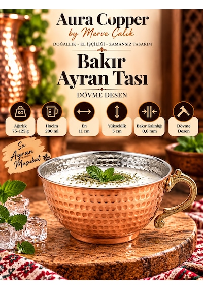 Bakır Ayran Tası Ve Bardak 200 Ml Dövme Kulplu