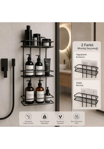 Alper Banyo 3 Katlı Siyah Düz Banyo Rafı, Yapışkanlı Ve Vidalı Montajlı Duş Rafı, Şampuanlık Ve Banyo Düzenleyici Raf Açık Ceviz
