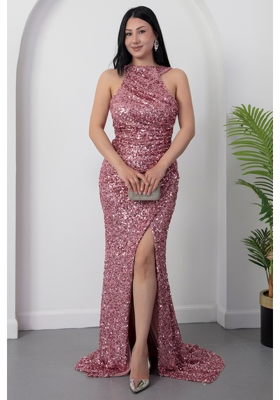 Kalopya Halter Yaka Yırtmaçlı Pulpayet Elbise Ecr5482 Pudra