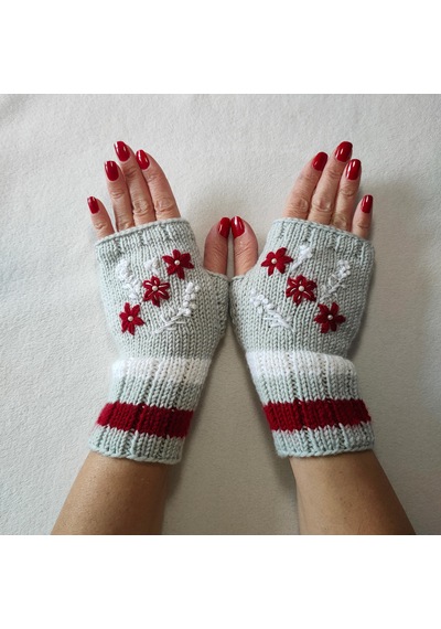 Newdaycraft El Örgüsü Motifli Parmaksız Cicekislemeli Acik Gri Eldiven Açık Gri