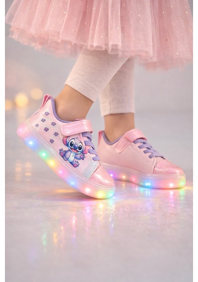 Minibonito Kız Çocuk Desenli Işıklı Led Tabanlı Simli Cırt Cırtlı Sneaker Pembe